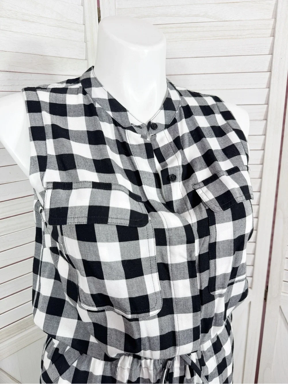 Banana‎ Republic Buffalo Check Sleeveless Cinch Waist Shirt Dress Black White 12